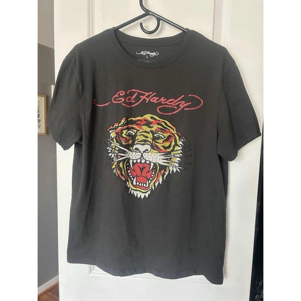 Ed Hardy Tiger Head Graphic T-shirt Black Mens Large Embellished Rhinestones